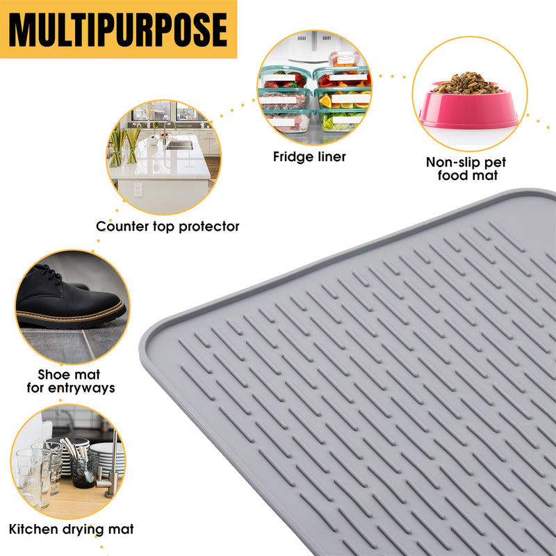 Silicone Dish Drying Mat for Kitchen Counter- Friendly Silicone Drying Mat  - Easy to Clean Heat Resistant Dish Mat - Large (12 x 16) - Gray