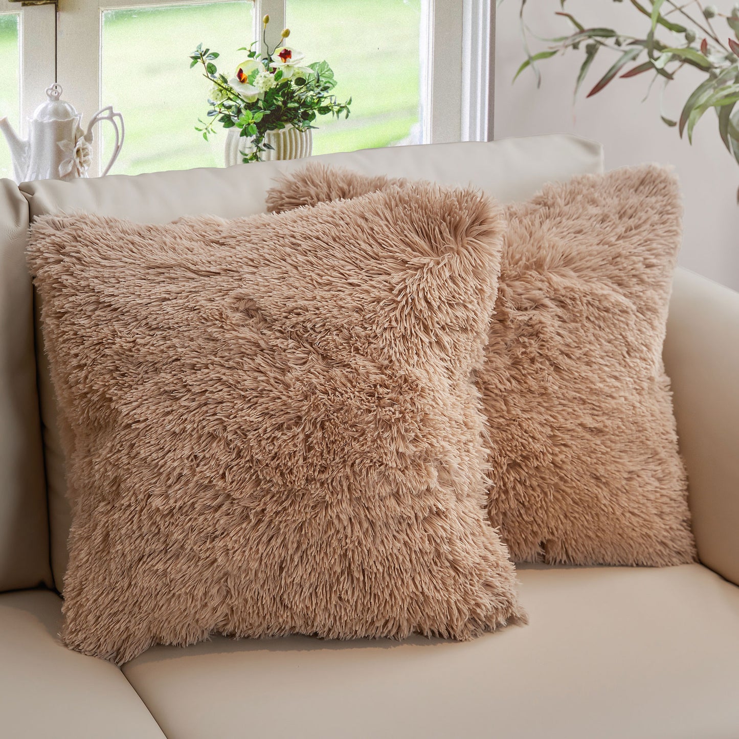 Cheer Collection Set of 2 Shaggy Long Hair Throw Pillows | Super Soft and Plush Faux Fur Accent Pillows - 18 x 18 inches