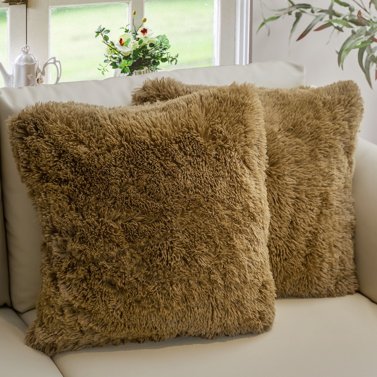 Cheer Collection Set of 2 Shaggy Long Hair Throw Pillows | Super Soft and Plush Faux Fur Accent Pillows - 18 x 18 inches