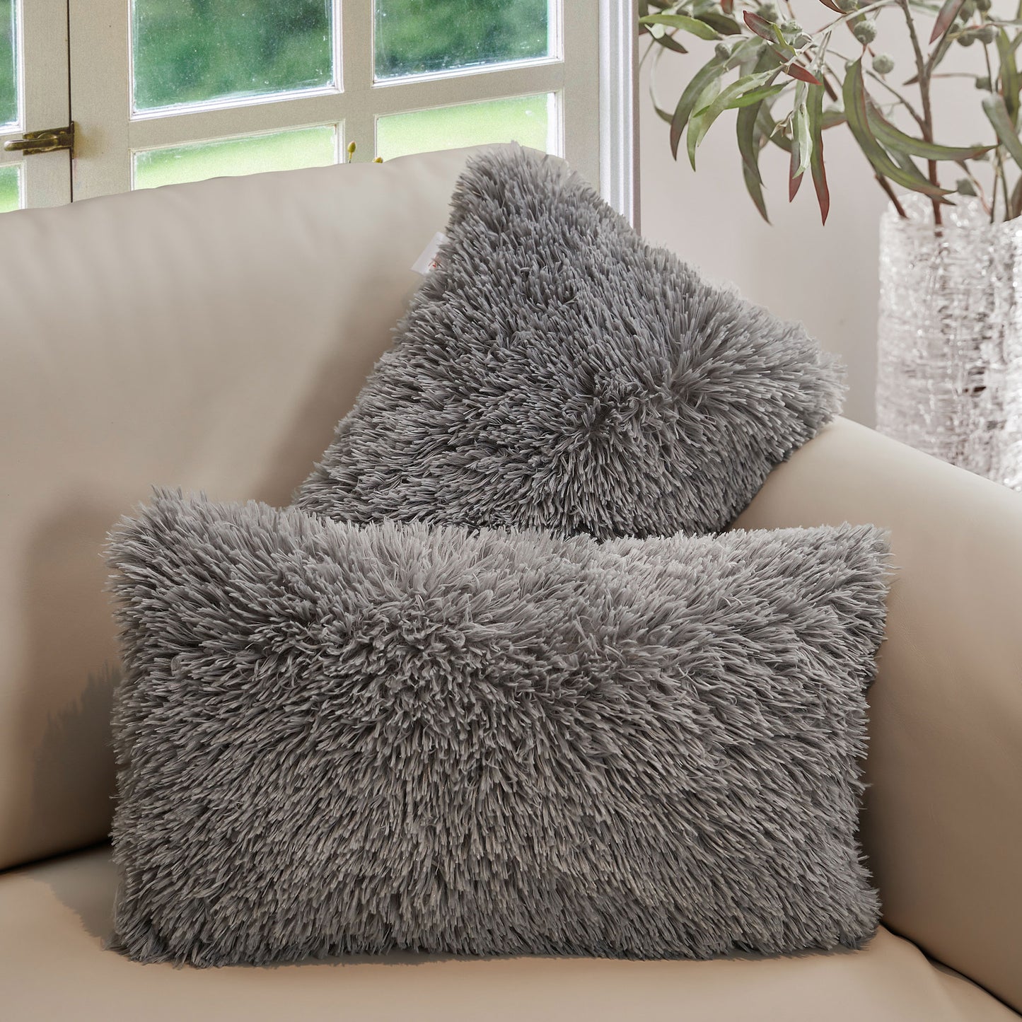 Cheer Collection  Shaggy Long Hair Throw Pillows - Super Soft and Plush Faux Fur Lumbar Accent Pillows - 12 x 20 - Set of 2