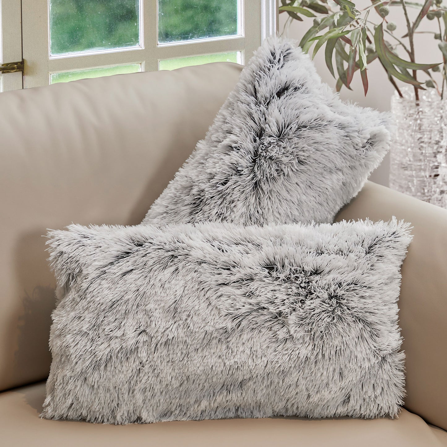 Cheer Collection  Shaggy Long Hair Throw Pillows - Super Soft and Plush Faux Fur Lumbar Accent Pillows - 12 x 20 - Set of 2