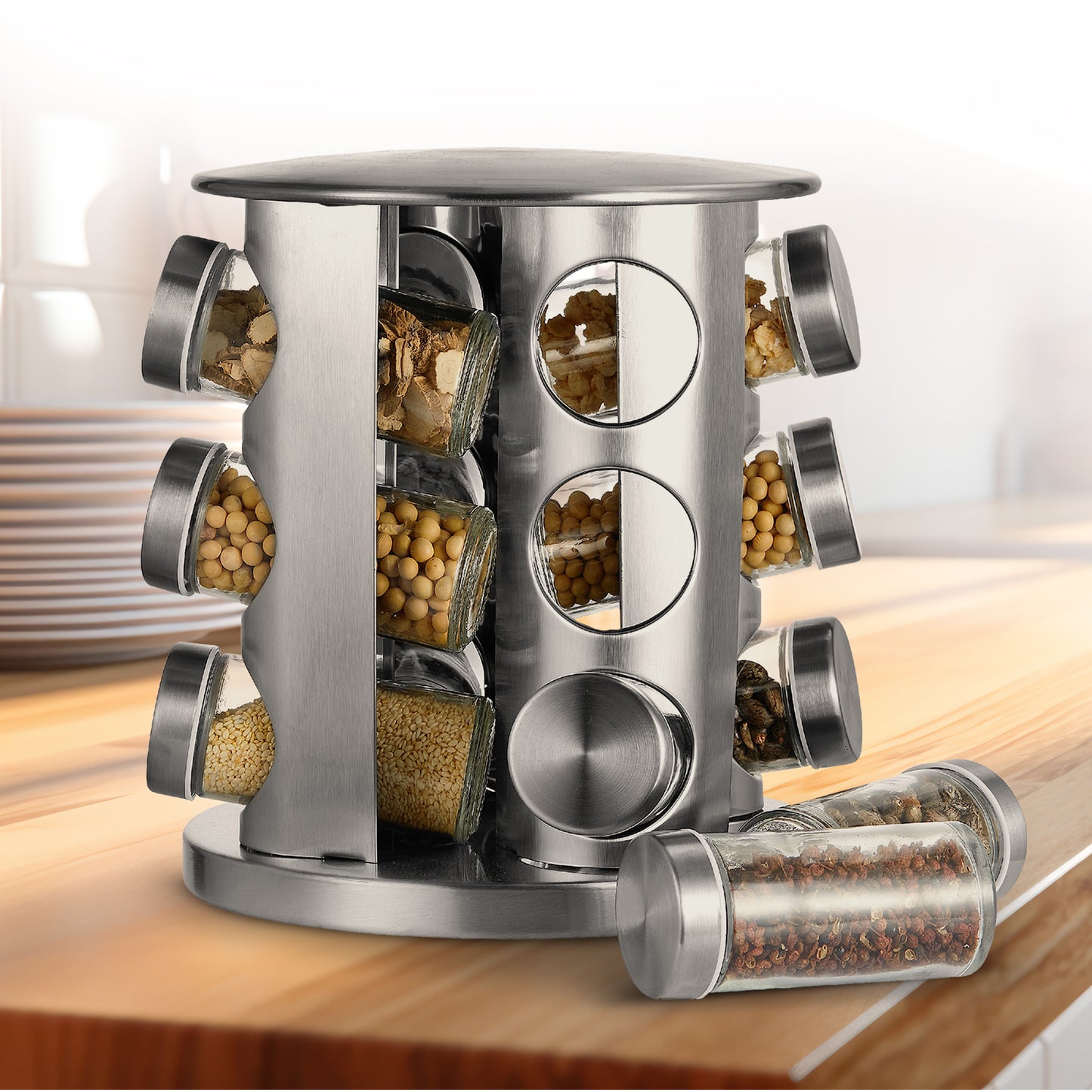 Cheer Collection Rotating Spice Rack for Countertop with 12 Jars, Stainless Steel Revolving Storage Organizer for Spices and Seasonings, plus Dry Erase Marker and 48 Reusable Labels