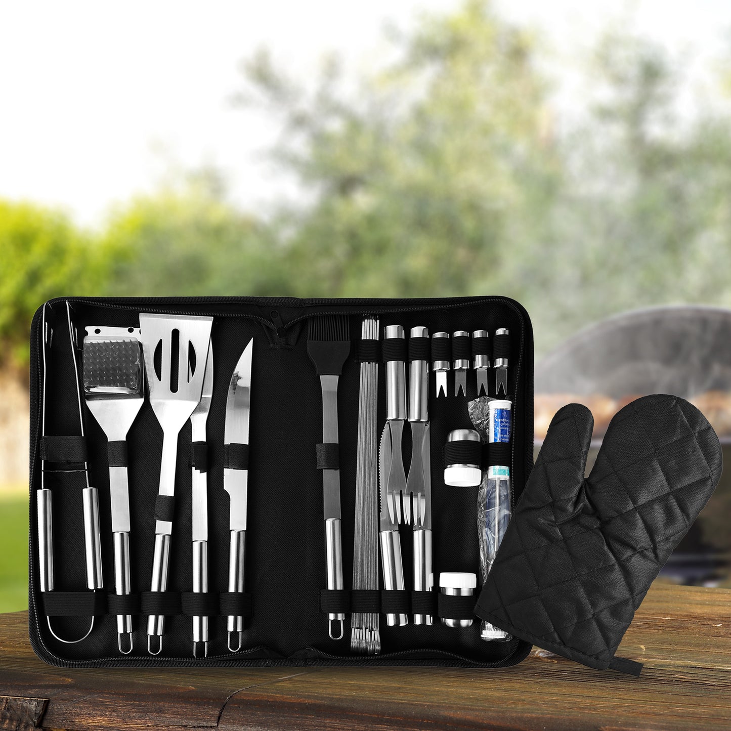 Cheer Collection 28 Piece BBQ Grilling Set - Stainless Steel with Spatula Turner, Tongs & Other BBQ Grilling Accessories