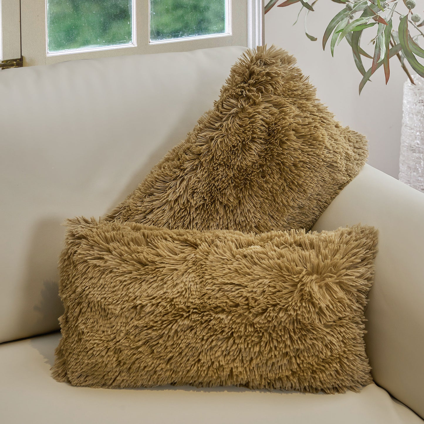 Cheer Collection  Shaggy Long Hair Throw Pillows - Super Soft and Plush Faux Fur Lumbar Accent Pillows - 12 x 20 - Set of 2