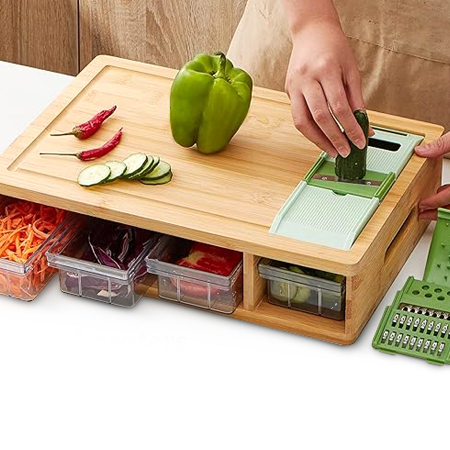 Cheer Collection Bamboo Cutting Board with 3 Leak-Proof Stackable Containers and 4 Graters