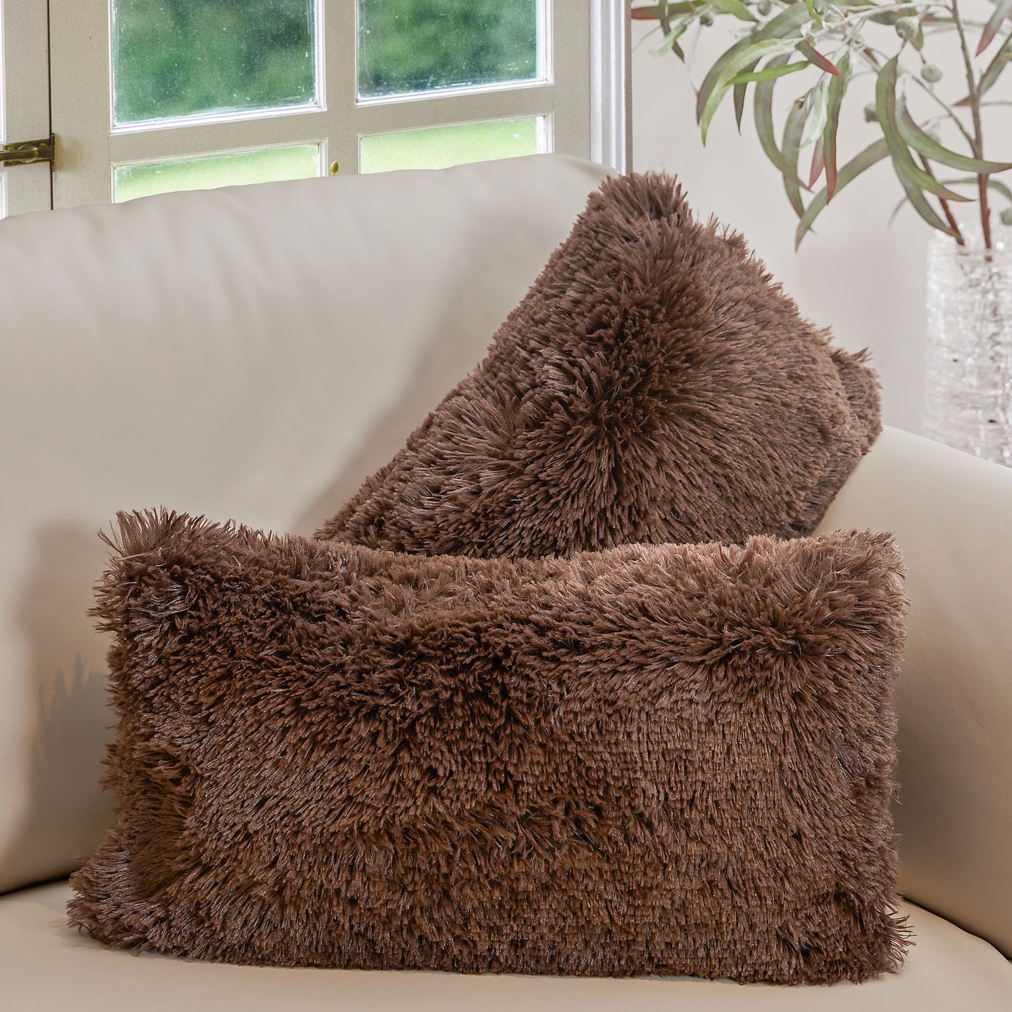 Cheer Collection  Shaggy Long Hair Throw Pillows - Super Soft and Plush Faux Fur Lumbar Accent Pillows - 12 x 20 - Set of 2