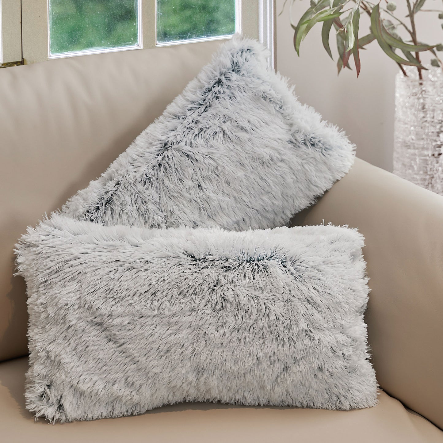 Cheer Collection  Shaggy Long Hair Throw Pillows - Super Soft and Plush Faux Fur Lumbar Accent Pillows - 12 x 20 - Set of 2