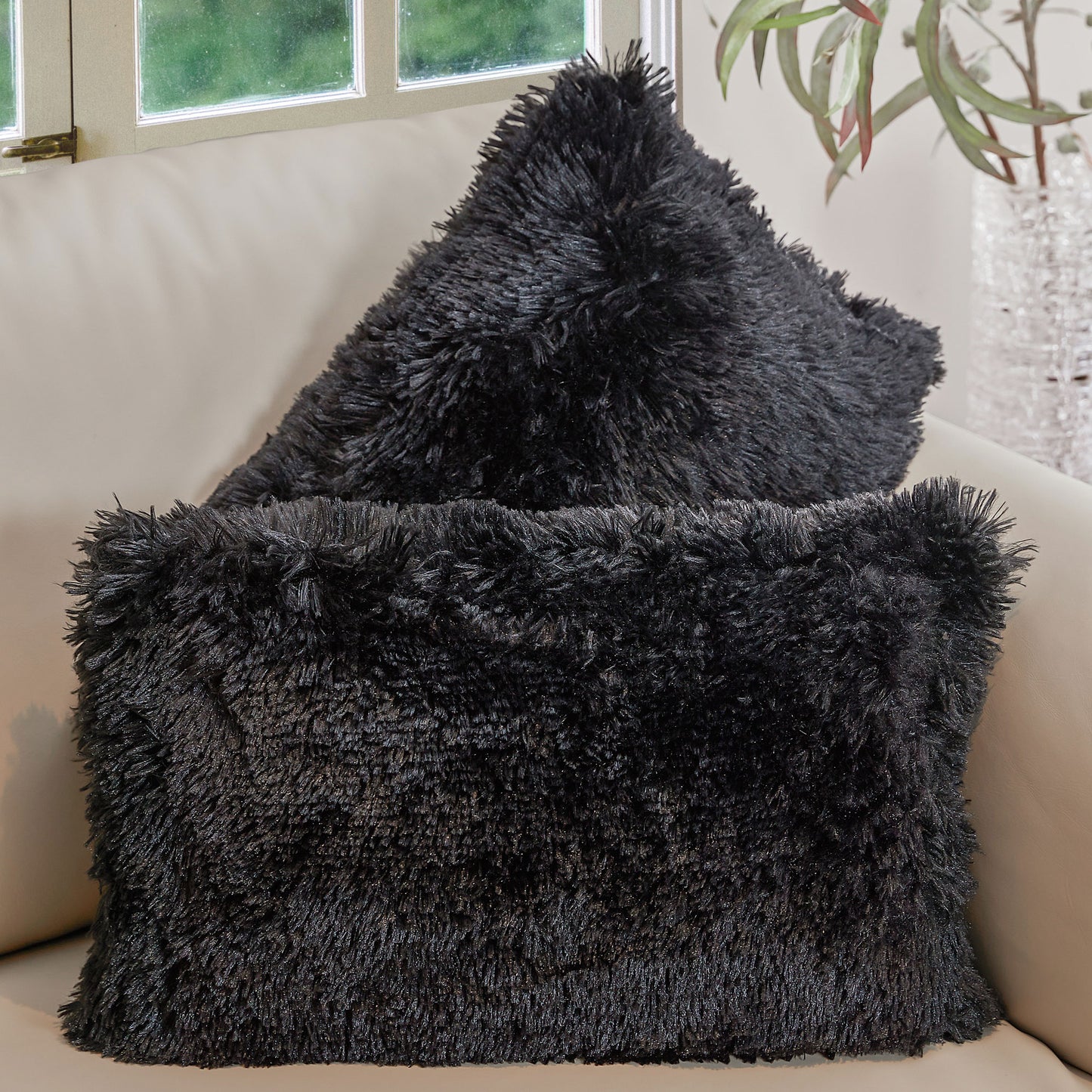 Cheer Collection  Shaggy Long Hair Throw Pillows - Super Soft and Plush Faux Fur Lumbar Accent Pillows - 12 x 20 - Set of 2