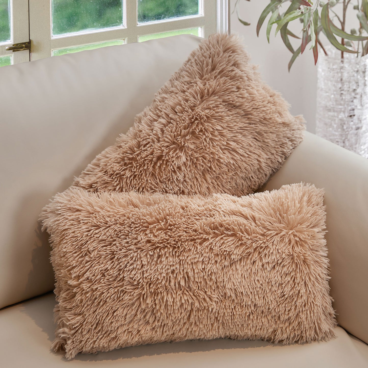 Cheer Collection  Shaggy Long Hair Throw Pillows - Super Soft and Plush Faux Fur Lumbar Accent Pillows - 12 x 20 - Set of 2