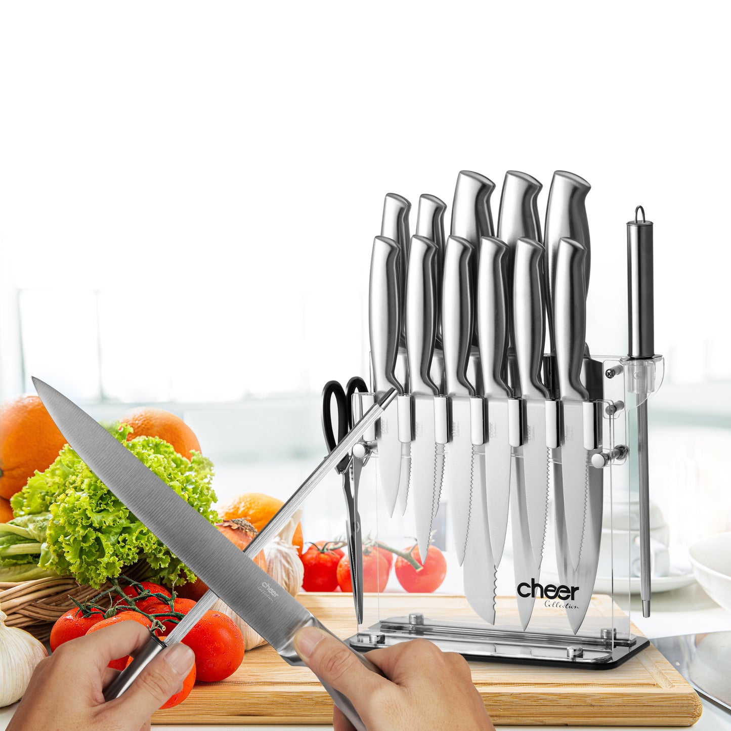 Cheer Collection Stainless Steel Chef Knife Set with Acrylic Stand (14-Piece) Professional Kitchen Utensils - Sharp Serrated and Standard Blades for Mincing, Chopping, Slicing