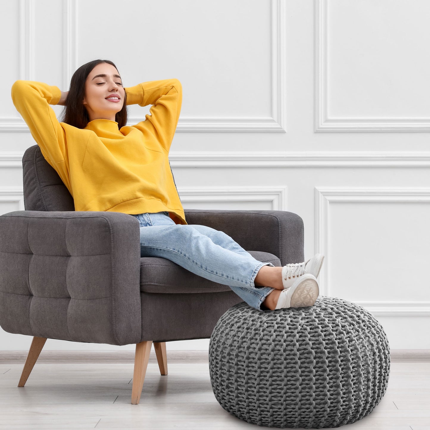 Cheer Collection 18" Round Pouf Ottoman - Chunky Hand-Knit Decorative and Comfortable Foot Rest