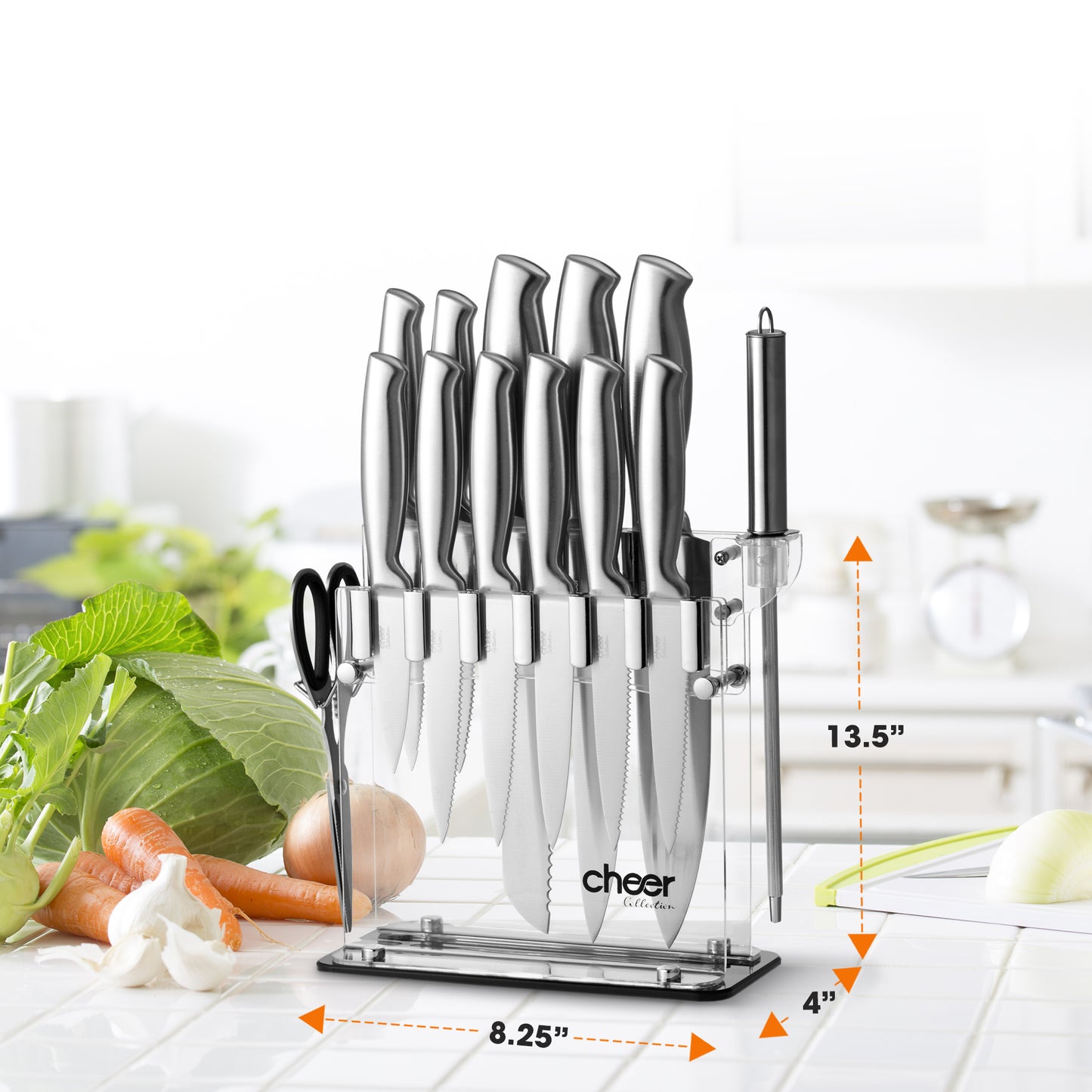 Cheer Collection Stainless Steel Chef Knife Set with Acrylic Stand (14-Piece) Professional Kitchen Utensils - Sharp Serrated and Standard Blades for Mincing, Chopping, Slicing