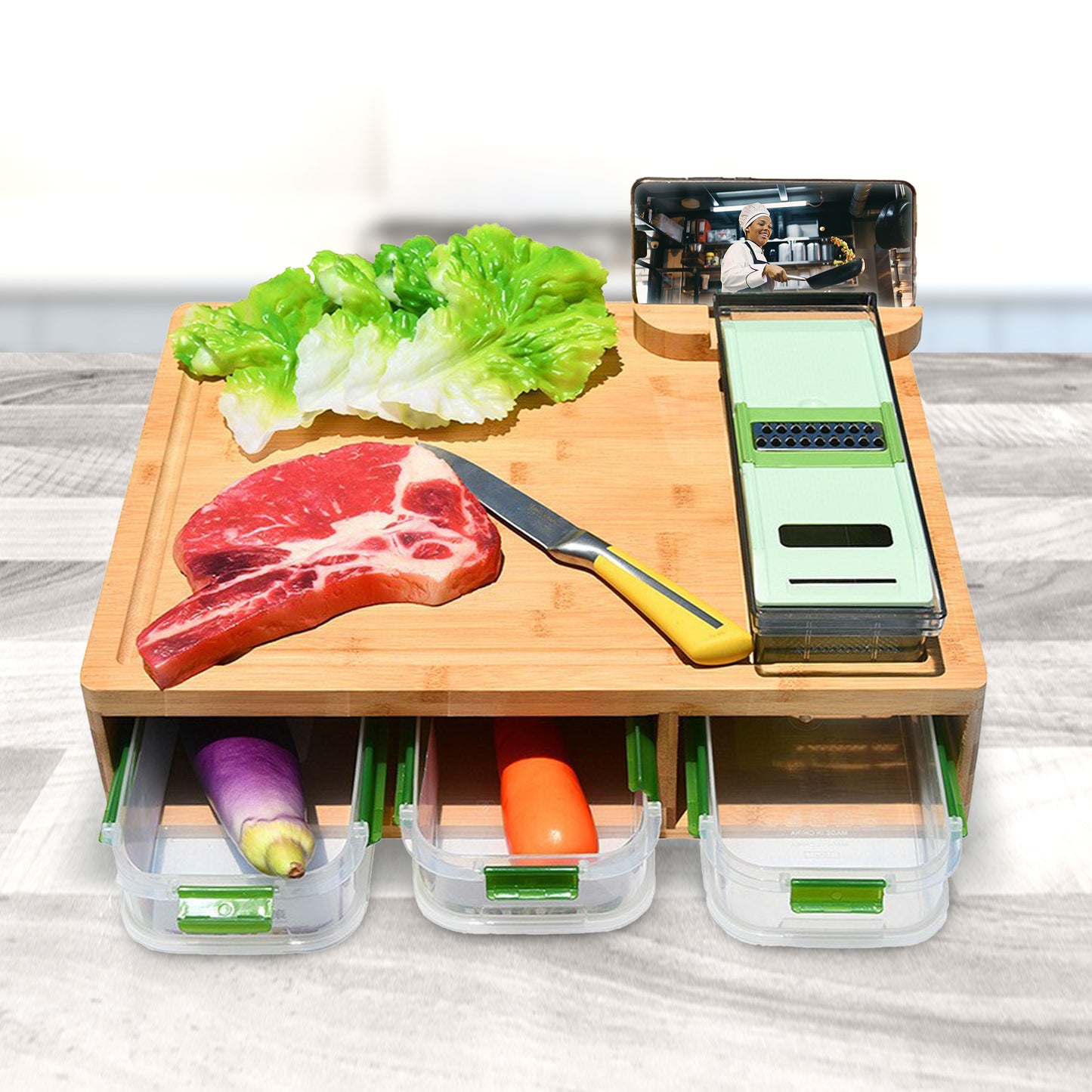 Cheer Collection Bamboo Cutting Board with 3 Leak-Proof Stackable Containers and 4 Graters