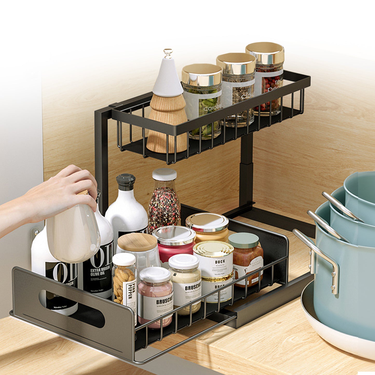 Cheer Collection 2-Tier Under Sink Organizer – Heavy-Duty Metal Frame with Pull-Out Design for Kitchen, Bathroom, and Pantry Storage