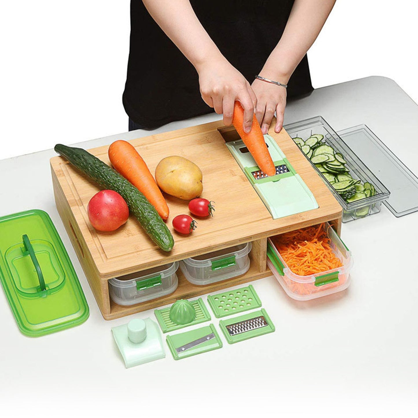 Cheer Collection Bamboo Cutting Board with 3 Leak-Proof Stackable Containers and 4 Graters