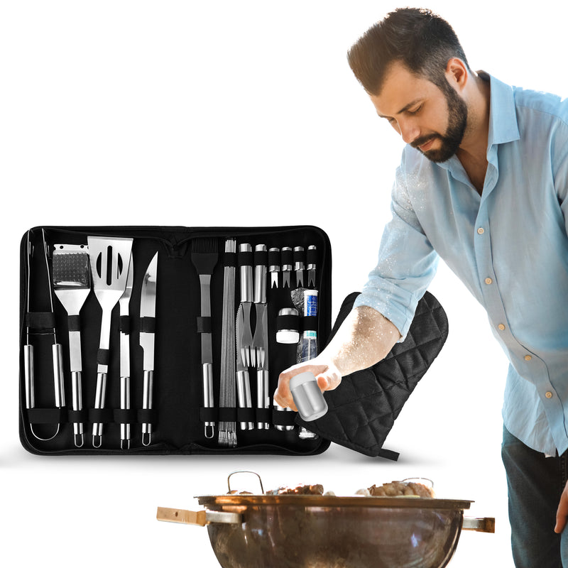 Cheer Collection 28 Piece BBQ Grilling Set - Stainless Steel with Spatula Turner, Tongs & Other BBQ Grilling Accessories