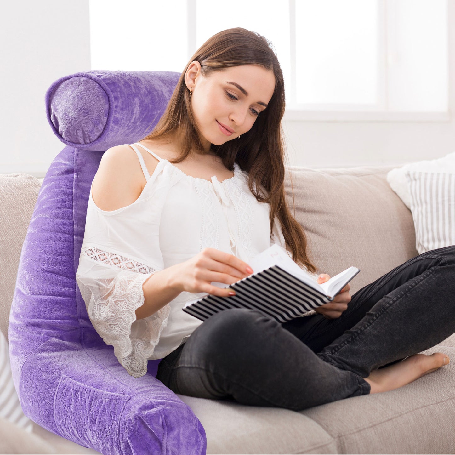 Cheer Collection Extra Large Hollow Fiber TV Pillow and Reading with Bolster & Backrest