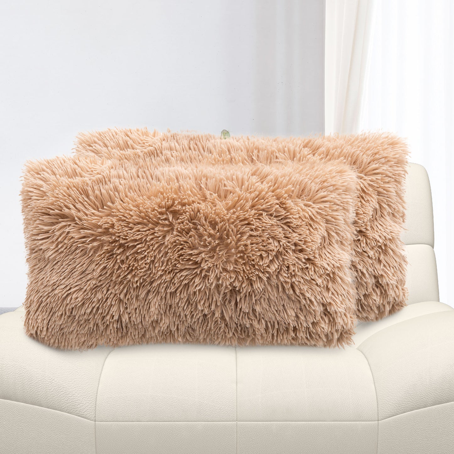 Cheer Collection  Shaggy Long Hair Throw Pillows - Super Soft and Plush Faux Fur Lumbar Accent Pillows - 12 x 20 - Set of 2