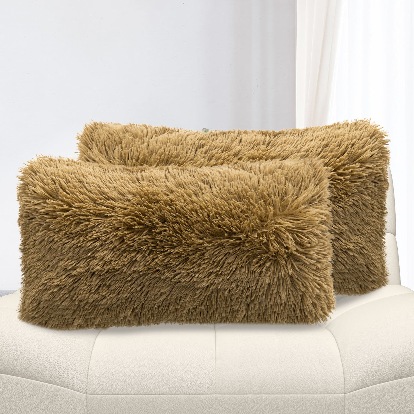 Cheer Collection  Shaggy Long Hair Throw Pillows - Super Soft and Plush Faux Fur Lumbar Accent Pillows - 12 x 20 - Set of 2