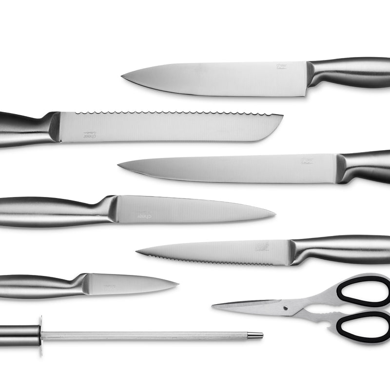 Cheer Collection Stainless Steel Chef Knife Set with Acrylic Stand (14-Piece) Professional Kitchen Utensils - Sharp Serrated and Standard Blades for Mincing, Chopping, Slicing