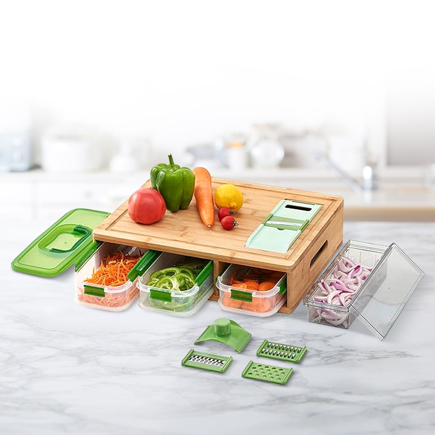 Cheer Collection Bamboo Cutting Board with 3 Leak-Proof Stackable Containers and 4 Graters