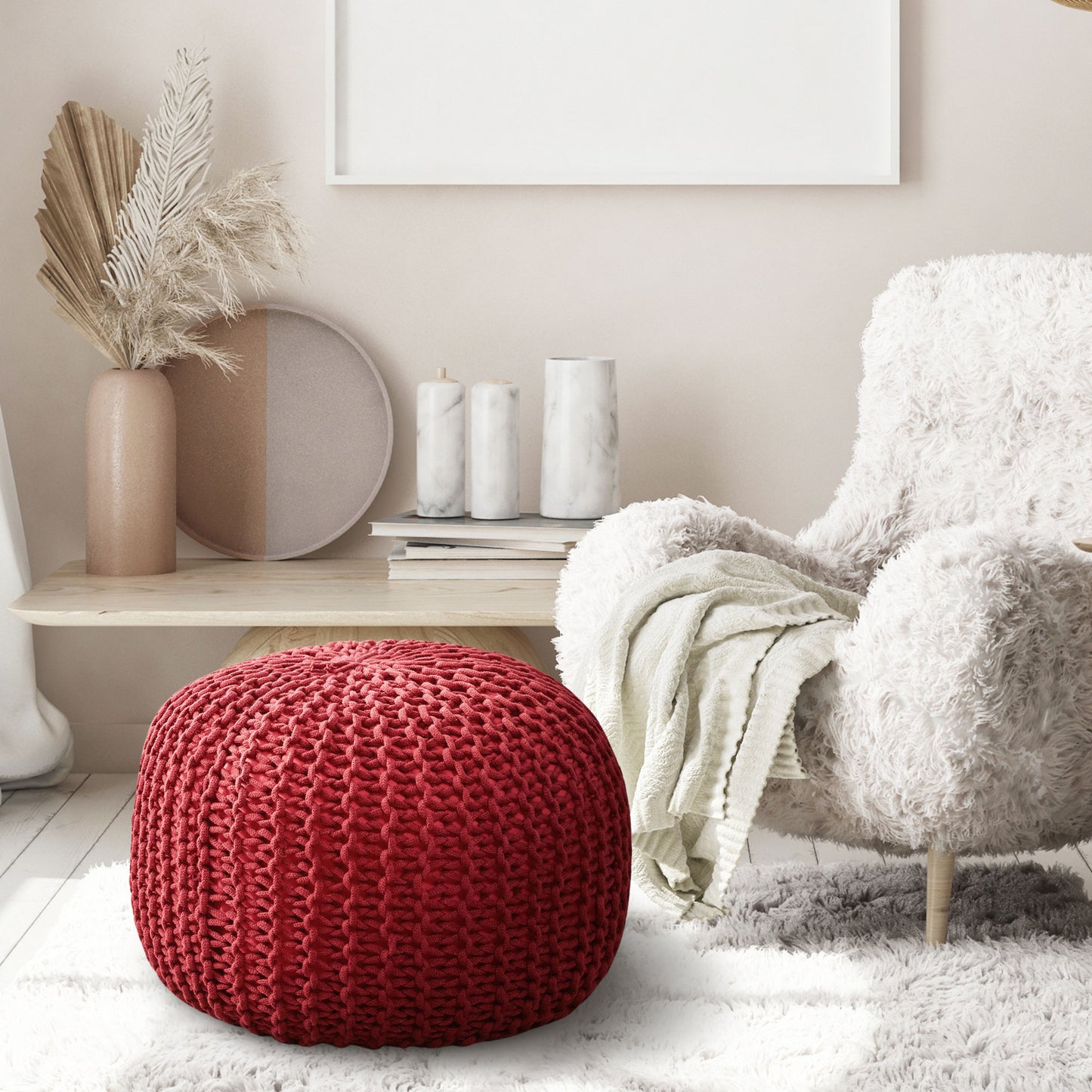 Cheer Collection 18" Round Pouf Ottoman - Chunky Hand-Knit Decorative and Comfortable Foot Rest