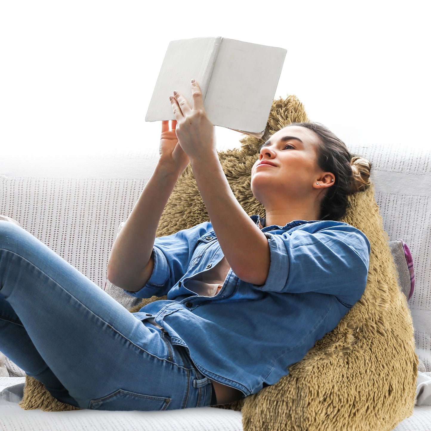 Cheer Collection Fluffy Reading Pillow - Long Shaggy Hair TV and Gaming Pillow with Armrest