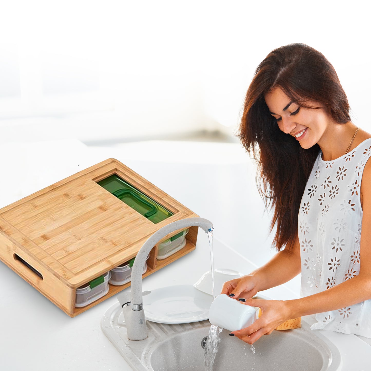 Cheer Collection Bamboo Cutting Board with 3 Leak-Proof Stackable Containers and 4 Graters