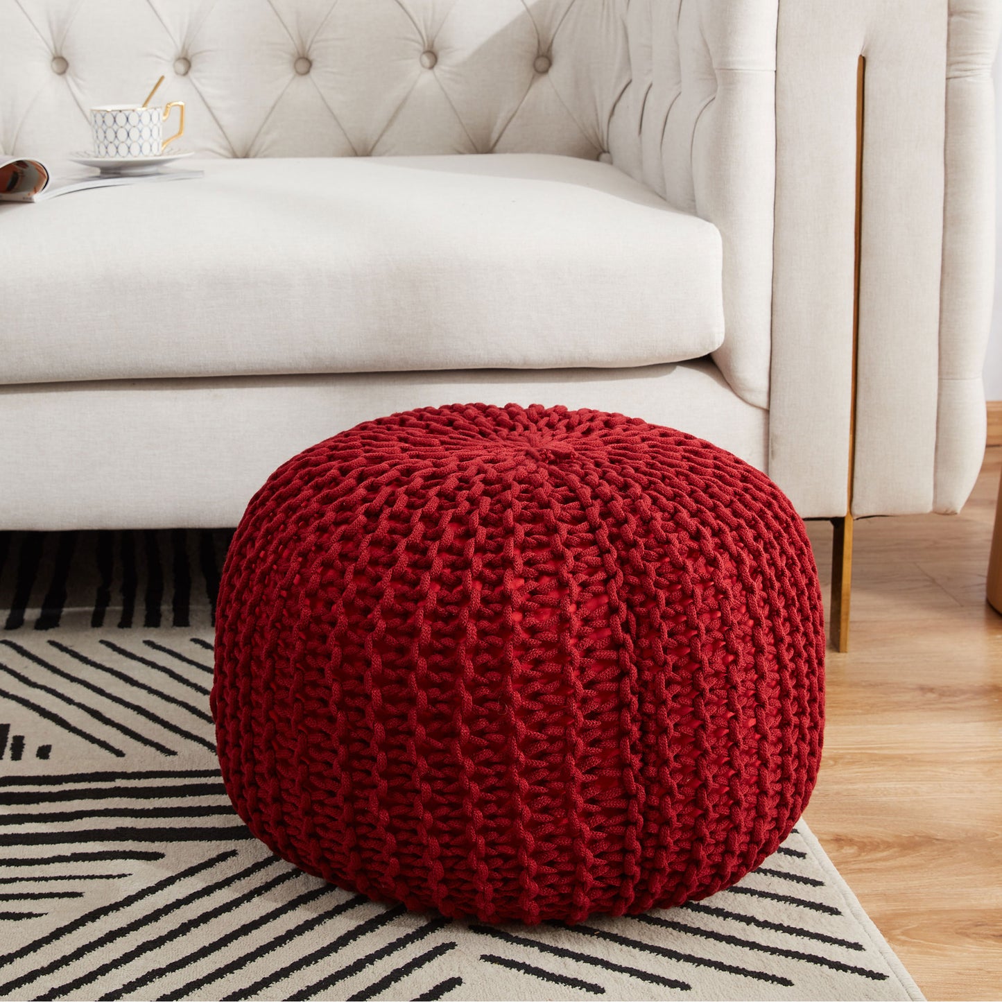 Cheer Collection 18" Round Pouf Ottoman - Chunky Hand-Knit Decorative and Comfortable Foot Rest