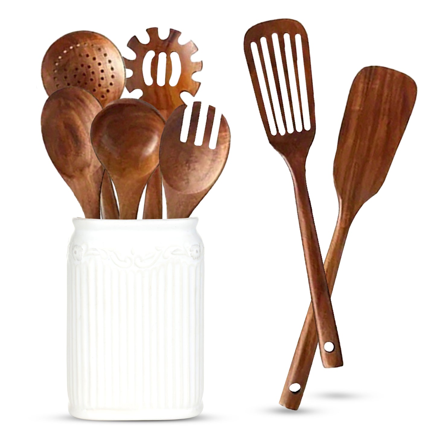 Cheer Collection 7 Piece Elegant Wooden Kitchen Utensils Set