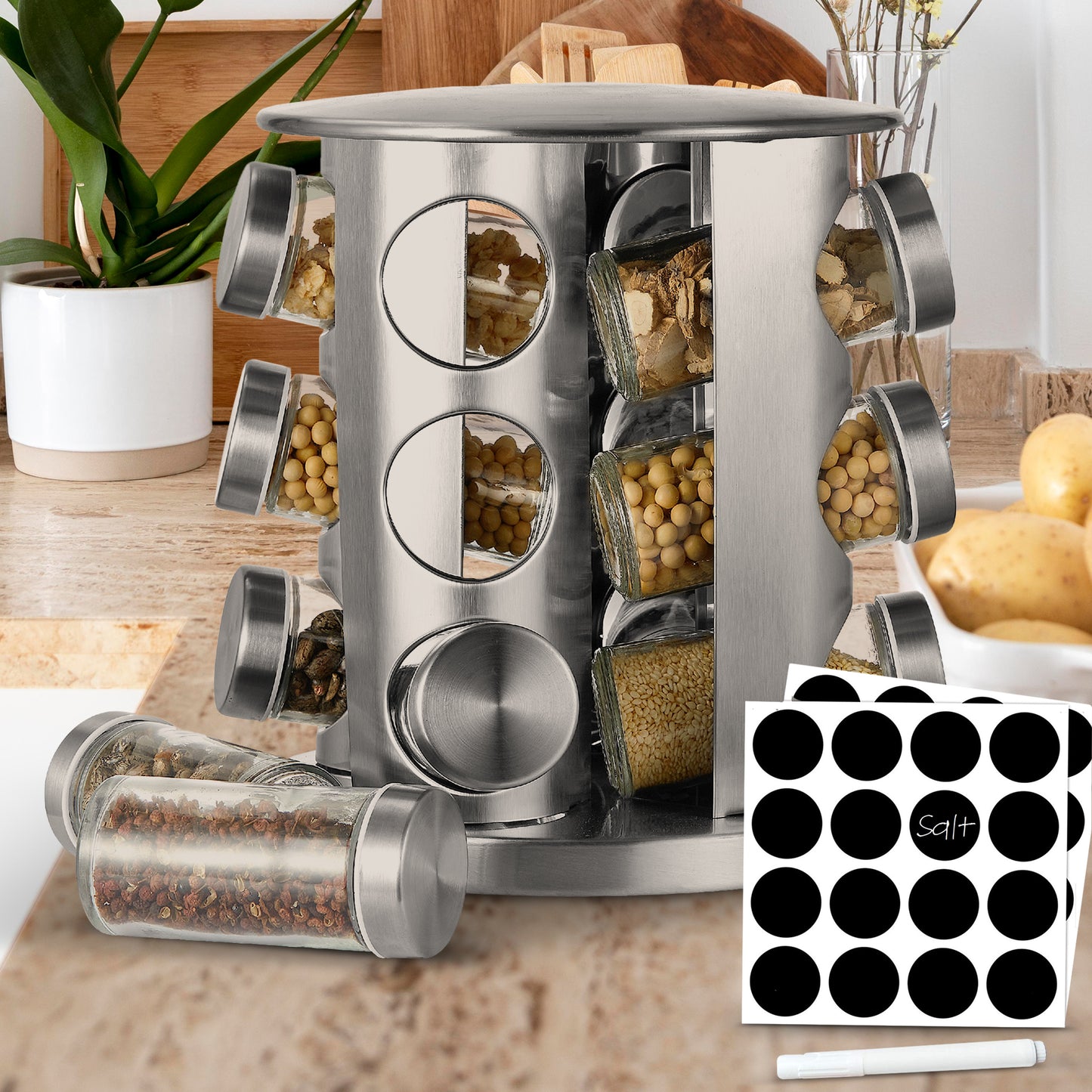 Cheer Collection Rotating Spice Rack for Countertop with 12 Jars, Stainless Steel Revolving Storage Organizer for Spices and Seasonings, plus Dry Erase Marker and 48 Reusable Labels