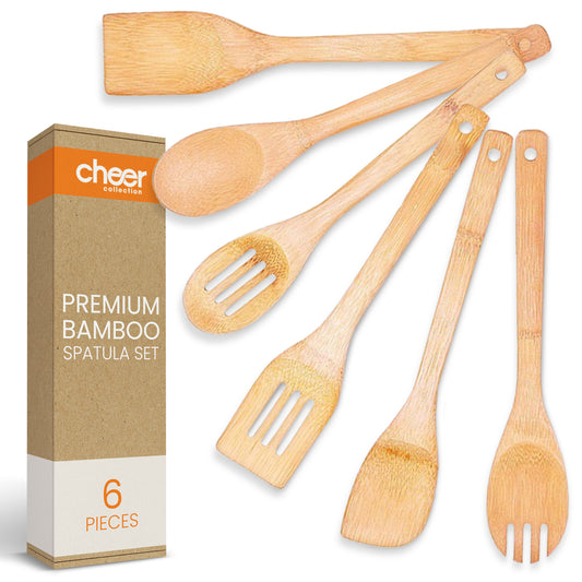 Cheer Collection Premium Bamboo Cooking Utensil Set – 6 Piece Non-Scratch Wooden Spatulas & Spoons for Kitchen