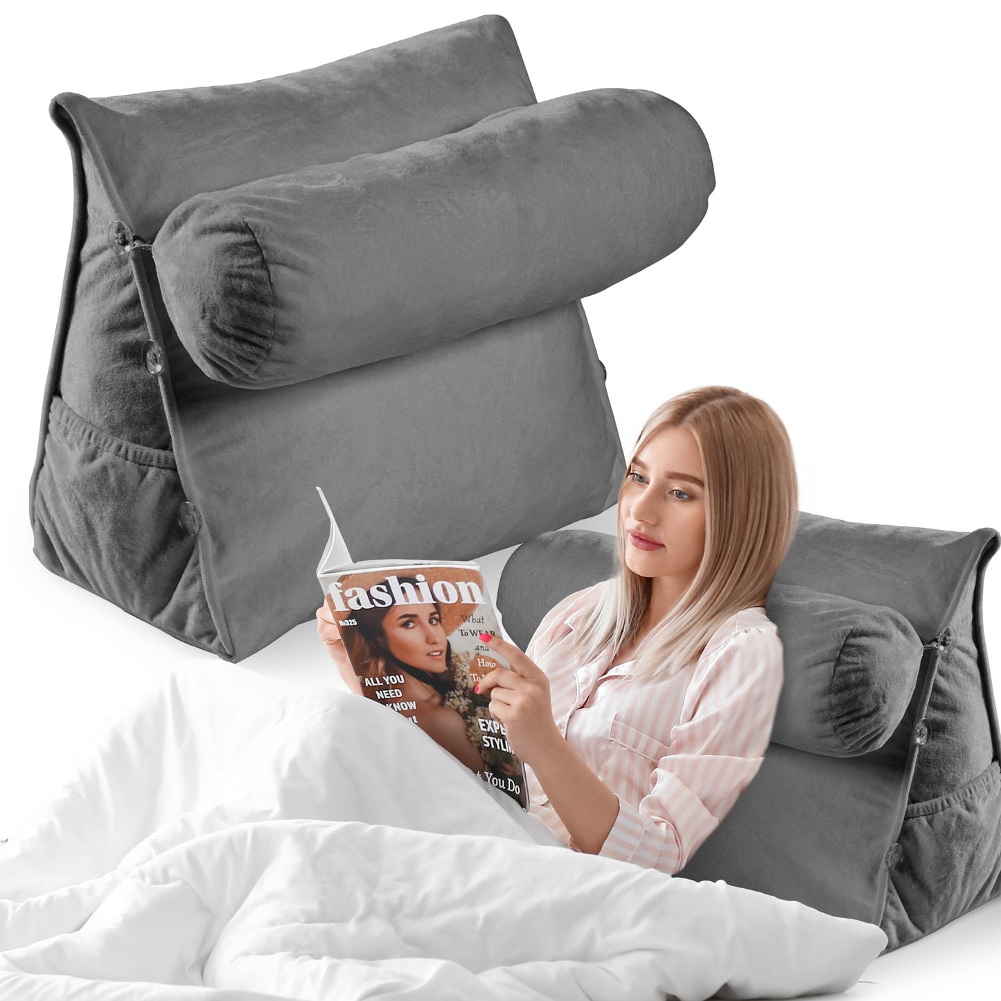 Cheer Collection Extra Large Wedge Shaped Reading and TV Pillow with Adjustable Neck Pillow