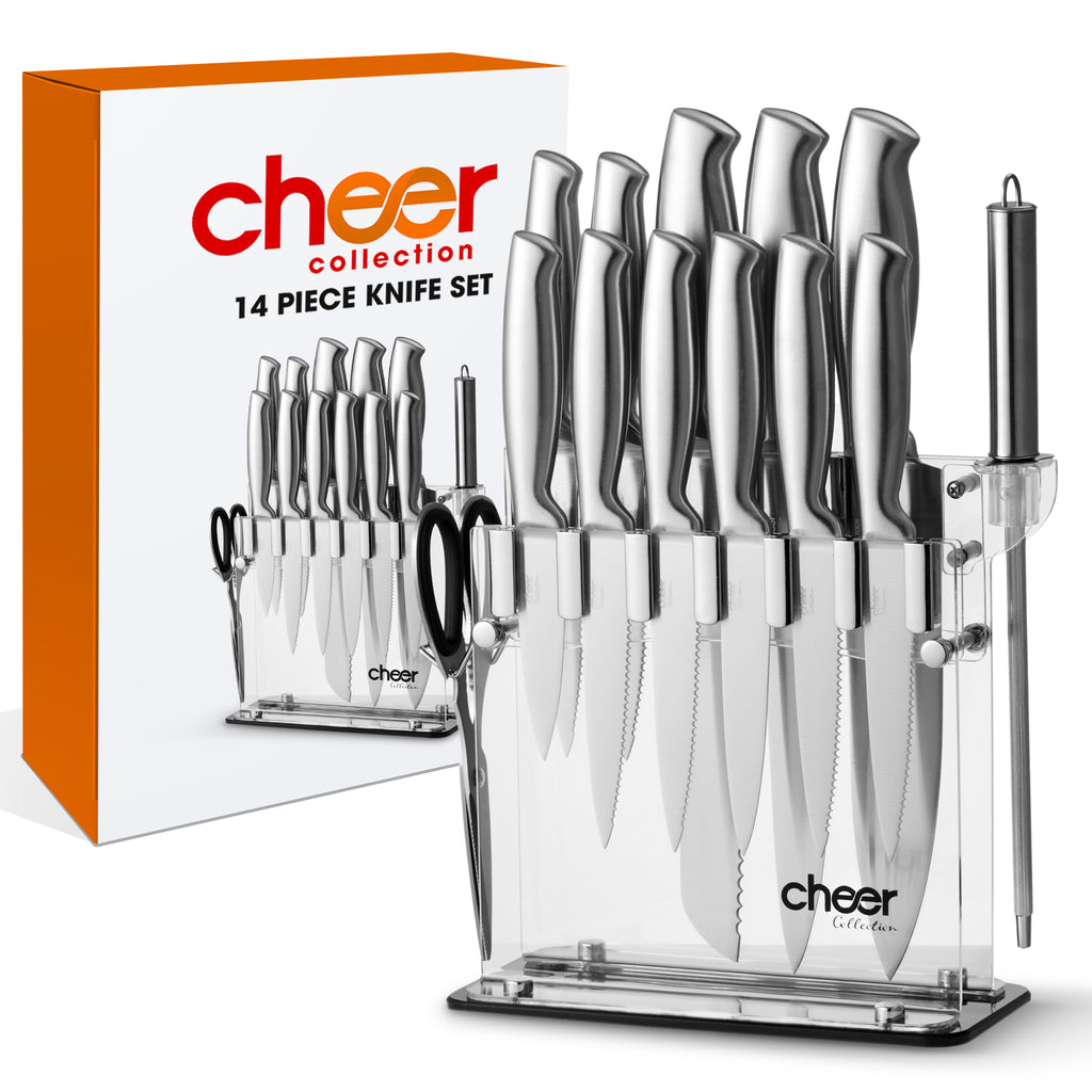 Cheer Collection Stainless Steel Chef Knife Set with Acrylic Stand (14-Piece) Professional Kitchen Utensils - Sharp Serrated and Standard Blades for Mincing, Chopping, Slicing