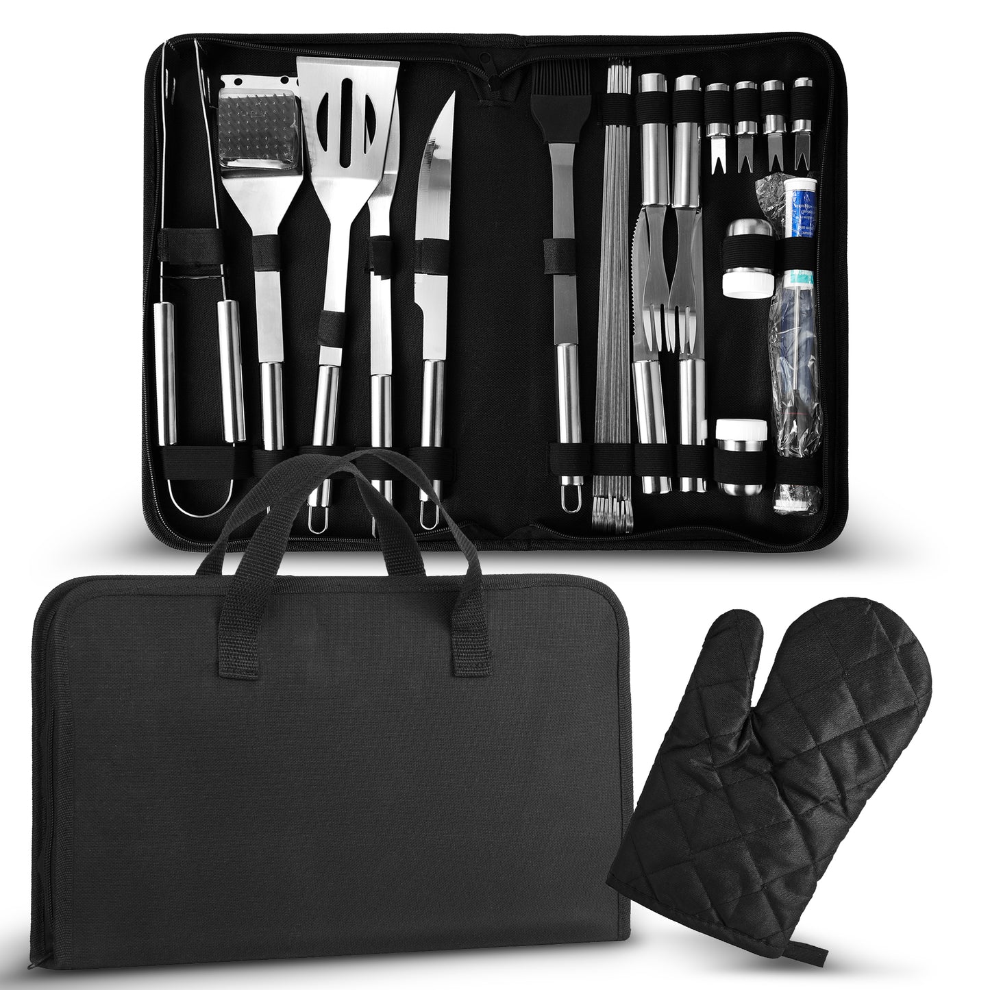 Cheer Collection 28 Piece BBQ Grilling Set - Stainless Steel with Spatula Turner, Tongs & Other BBQ Grilling Accessories