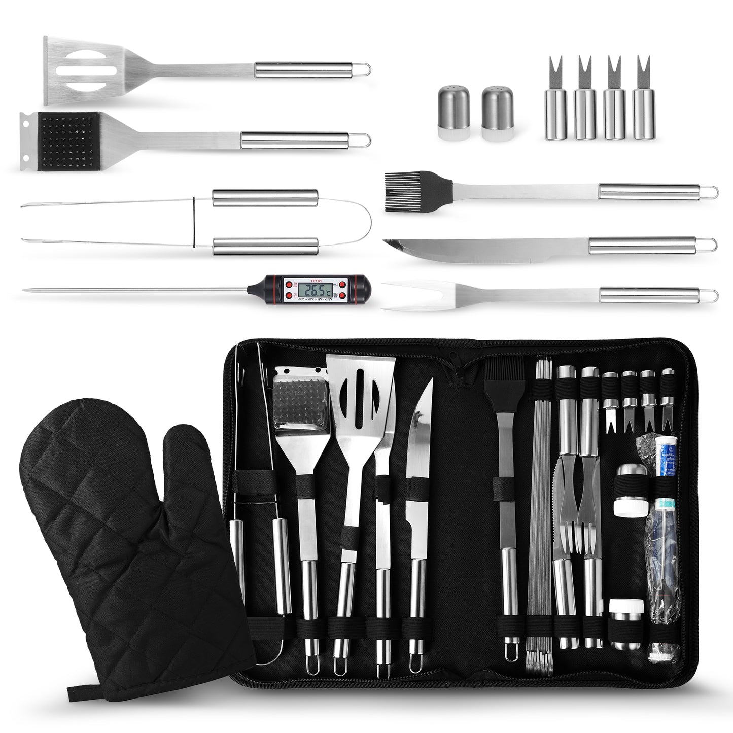 Cheer Collection 28 Piece BBQ Grilling Set - Stainless Steel with Spatula Turner, Tongs & Other BBQ Grilling Accessories