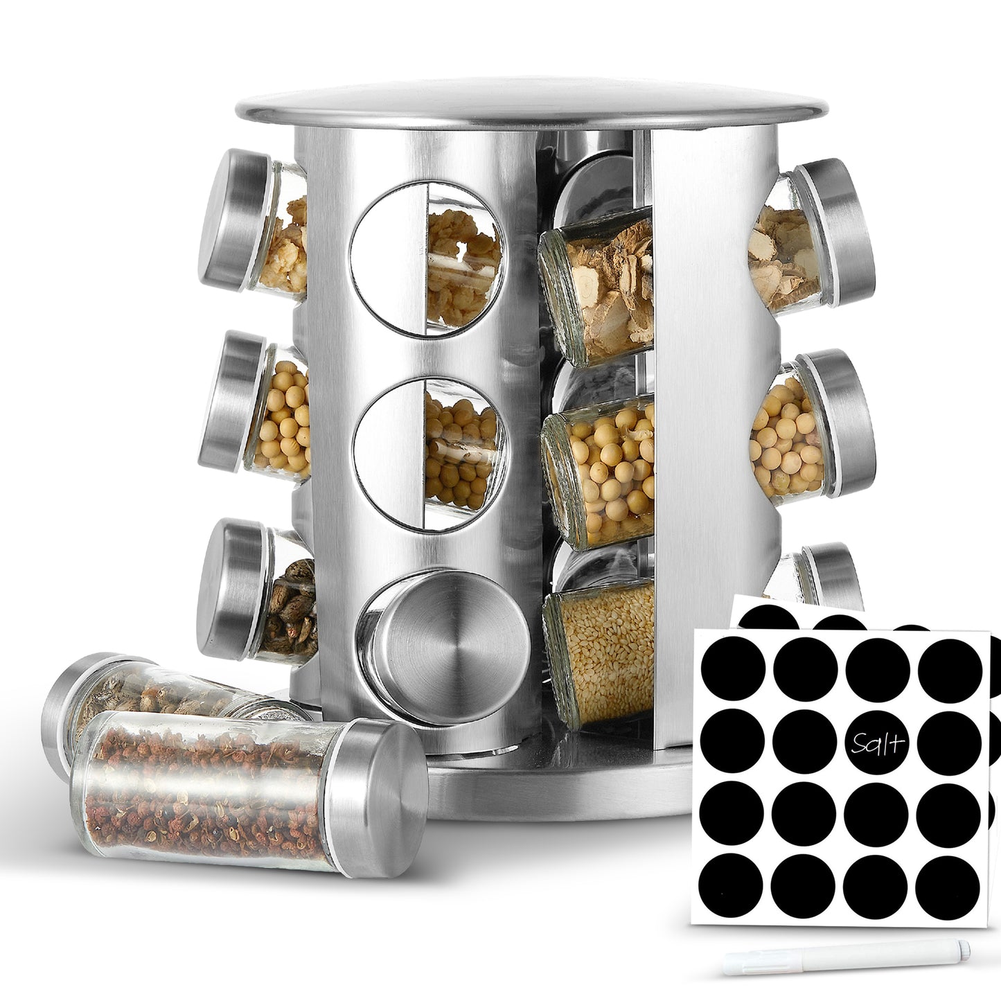 Cheer Collection Rotating Spice Rack for Countertop with 12 Jars, Stainless Steel Revolving Storage Organizer for Spices and Seasonings, plus Dry Erase Marker and 48 Reusable Labels