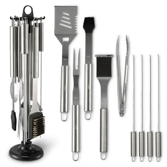 Cheer Collection Stainless Steel 10 Piece Barbecue Grill Tools Set with Storage Carousel