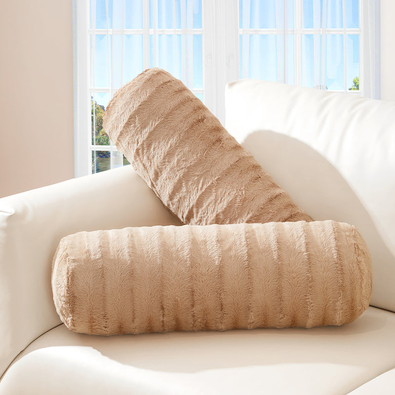 Cheer Collection Set of 2 Faux Fur Bolster Pillows, Decorative Roll Pillow