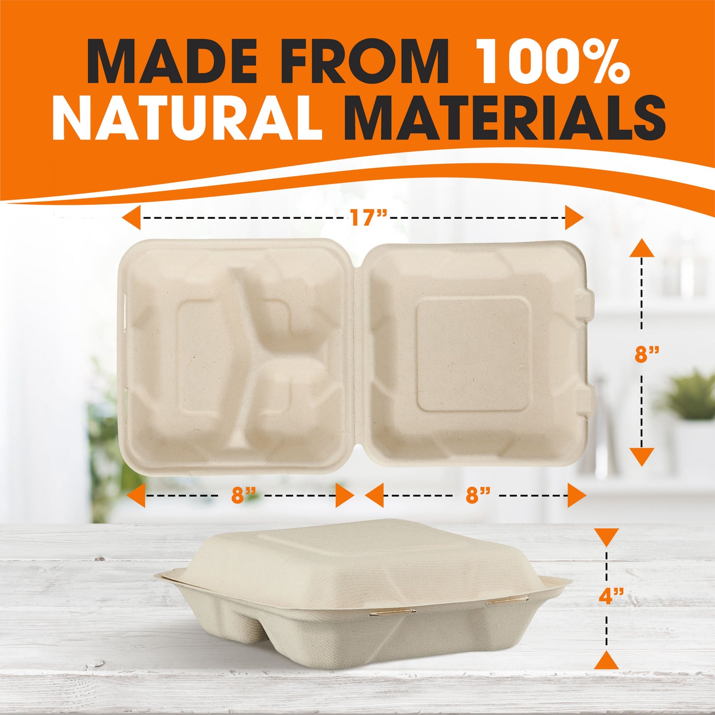 Cheer Collection 8x8 Compostable Takeout Containers - Eco Friendly Microwavable & Biodegradable