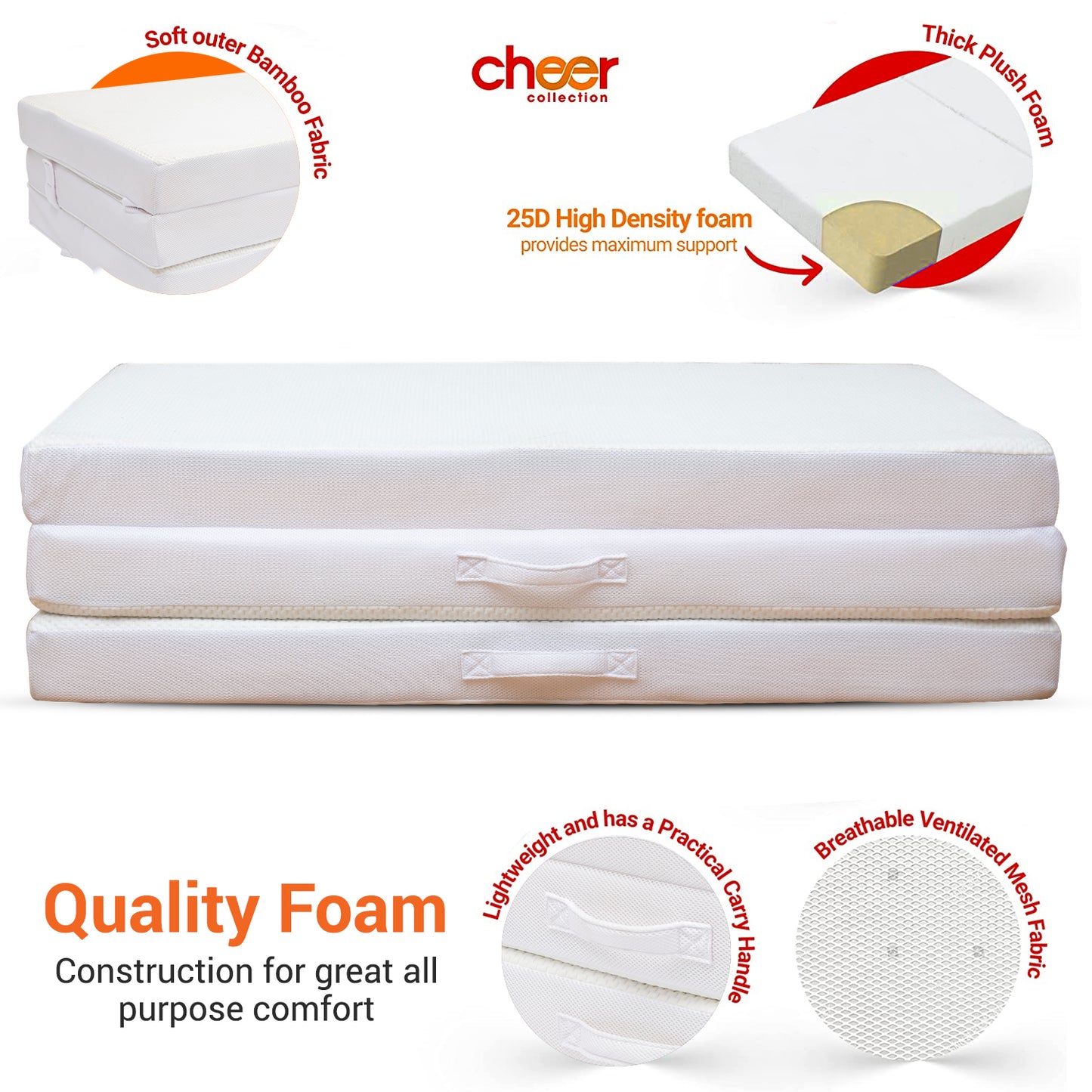 Cheer Collection 4" Folding Mattress, Tri-Fold Floor Mat for Compact Storage with Soft Bamboo Washable Cover- Foldable Sleeping Pad and Floor Mattress