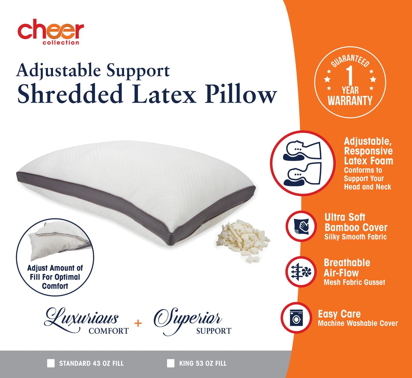 Cheer Collection Adjustable Shredded Latex Air Pillow with Gusset - Set of 2