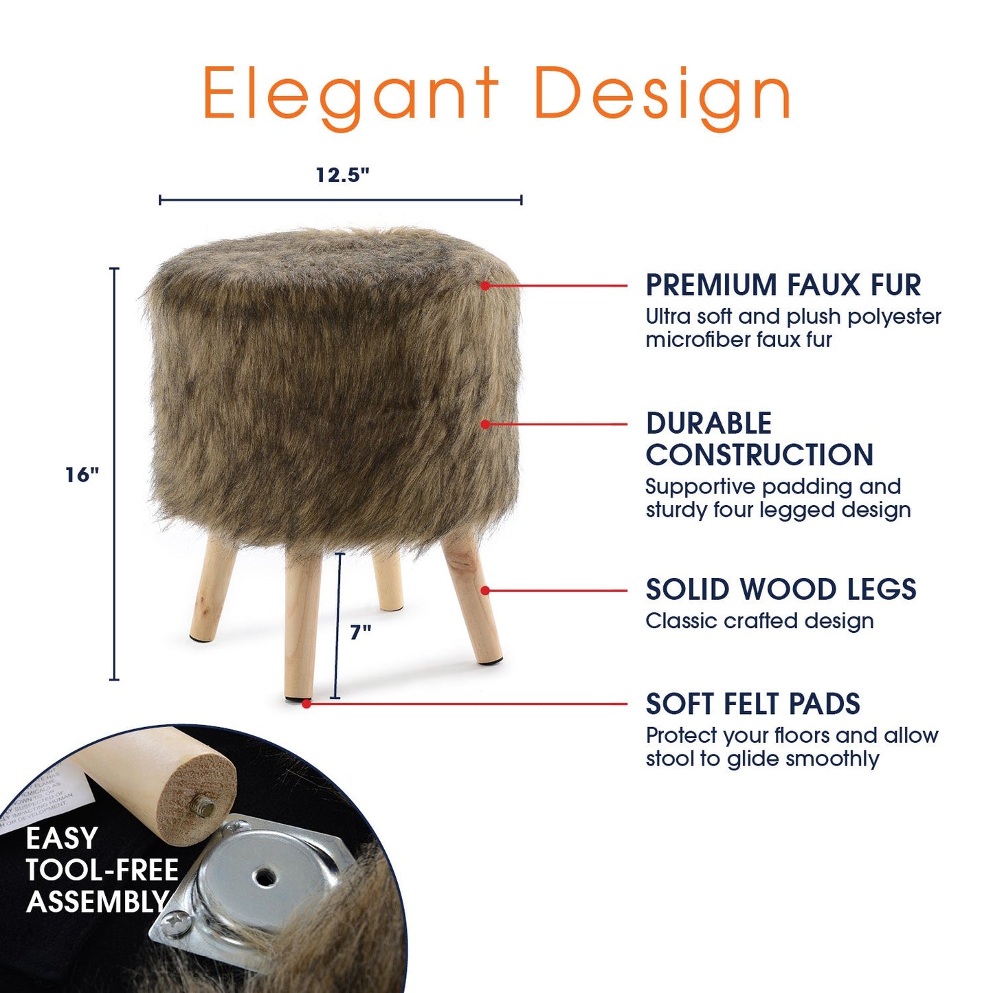 Cheer Collection Faux Fur Wood Leg Stool Brown - Square & Round