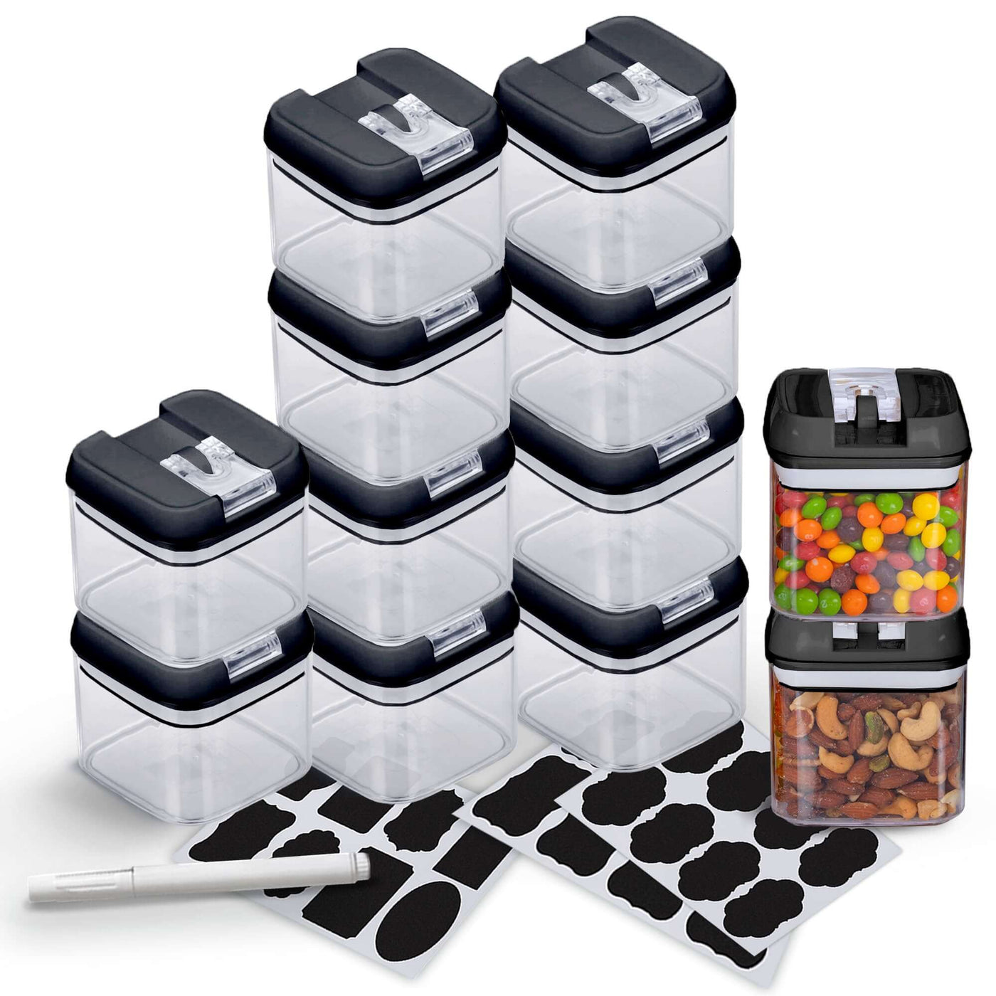 Cheer Collection Set of 12 One Size Airtight Food Storage Containers (Black)